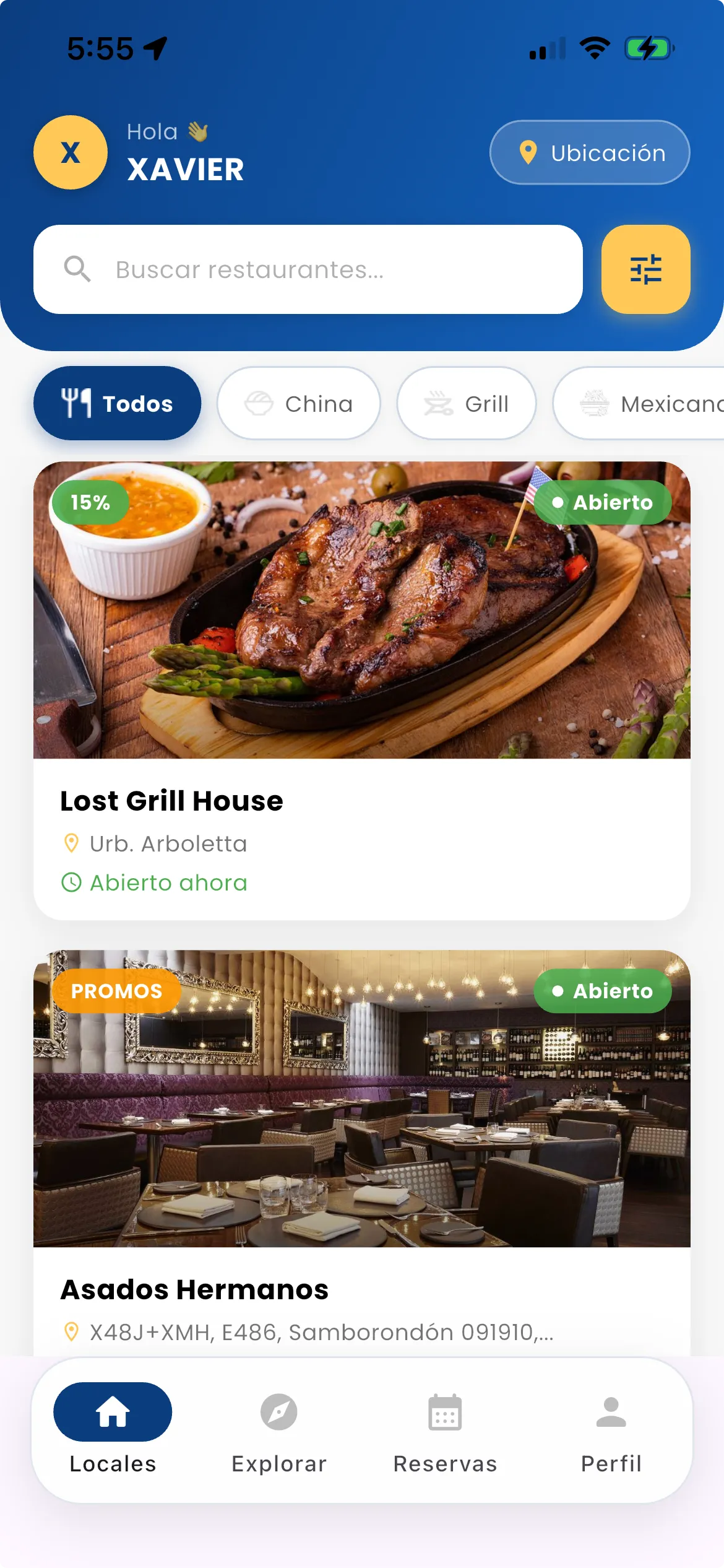 Inicio de la app de Reservadito con locales disponibles