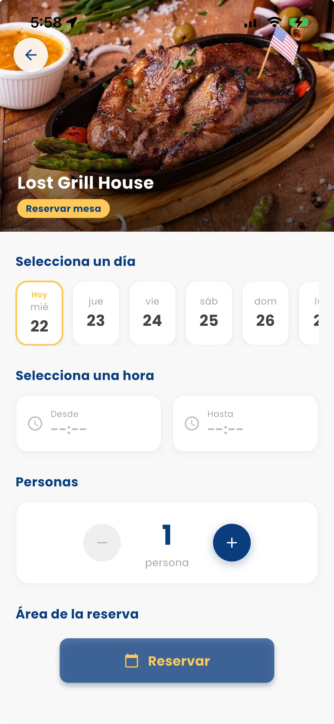 Pantalla de reserva de un local en la app de Reservadito